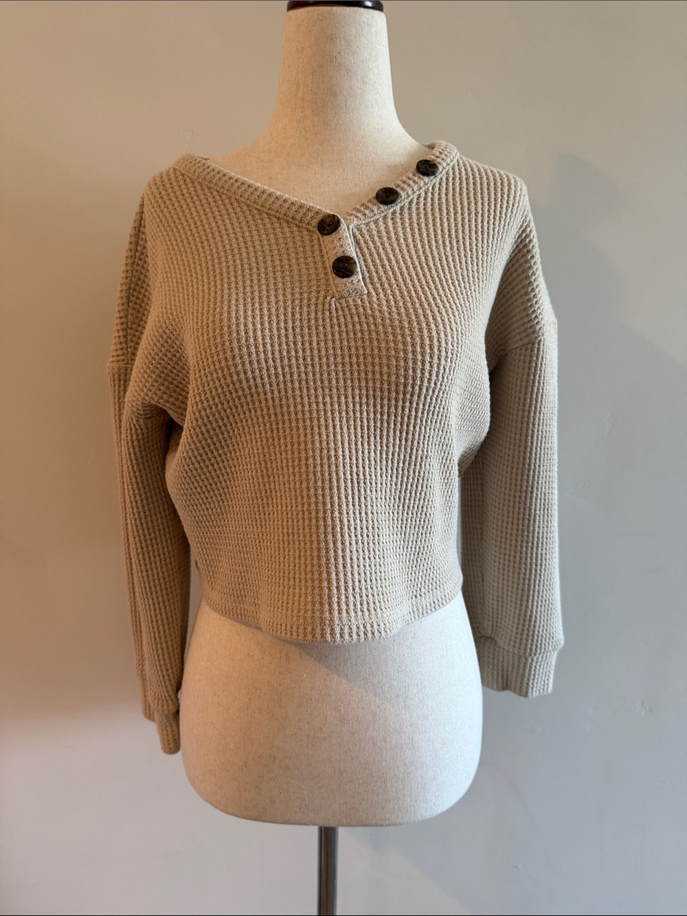 Old Navy Beige Waffle-Knit Button-Neck Sweater